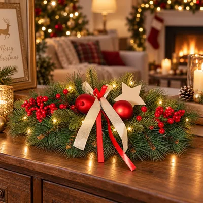 Produktbild von Adventsgesteck 30 x 57 cm mit 20 LED warmweiß roten Dekorationen Tischdeko Advent