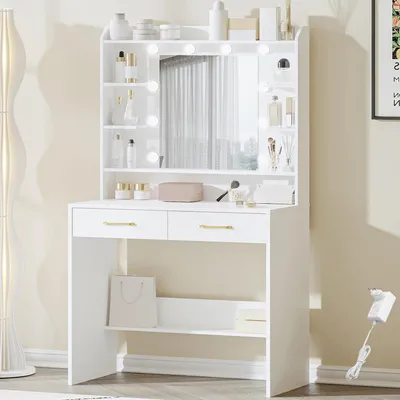 Image de Table de maquillage avec miroir et 2 tiroirs, blanche, 40 x 80 x 149 cm