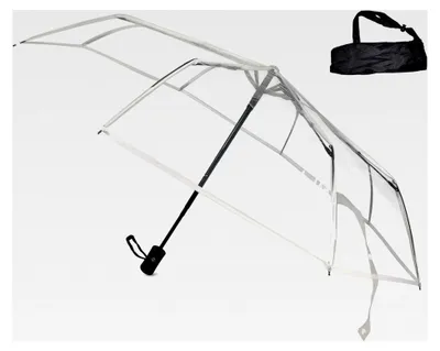 Produktbild von Transparenter Regenschirm Ø98 cm mit Komfort-Druckknopf und Tragehülle, faltbar und klein für die Tasche, ideal für Hochzeiten, durchsichtiger Taschenschirm mit weißem Rand
