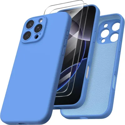 Produktbild von iPhone 16 Pro Max Hülle, Kameraschutz, 2 Schutzfolien, Silikon, stoßfest, 6.9 Zoll - Himmel Blau