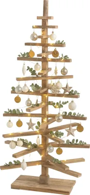 Immagine prodotto di Albero di Natale decorativo HWC-H77, decorazione natalizia 3D-albero di Natale, aspetto shabby in legno di abete regolabile 130x82x82cm ~ natura