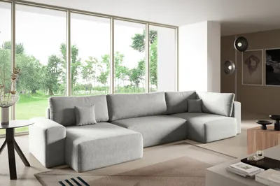 Produktbild von Ecksofas in U-Form ANTONIO CENTAUR-XL 397x148cm, Wohnlandschaft mit Schlaffunktion & Bettkästen, Eckarniutur / Couch in Bouclé-Stoff Hellgrau