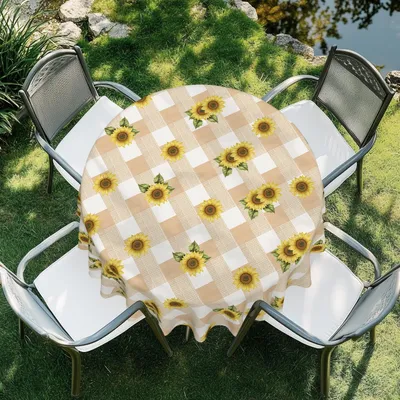 Productafbeelding van Ronde tafelkleed, diameter 152 cm, waterdicht, afwasbaar, geruit met bloemenmotief, geschikt voor binnen- en buitengebruik