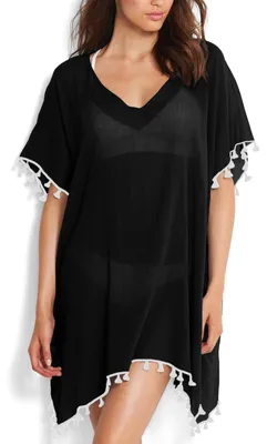 Produktbild von Risipu Damen Strandponcho Sommer Bikini Badeanzug Cover Up Strandkleid mit Quast