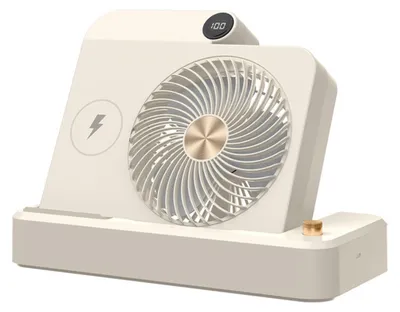 Obrázok produktu pre Stolný ventilátor Zimilo 2 v 1 s bezdrôtovým nabíjaním, 2400 mAh, ventilátor s USB-C a LED displejom, 100 rýchlostí, ventilátor s nabíjačkou na mobil, béžový