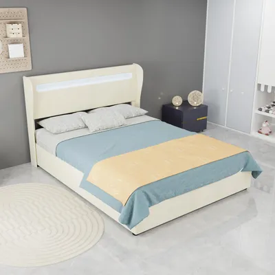 Zdjęcie produktu dla Łóżko tapicerowane Zerbaco z oświetleniem LED, 140x200 cm, podwójne, z pojemnikiem na pościel, system hydrauliczny, kolor beżowy, bez materaca
