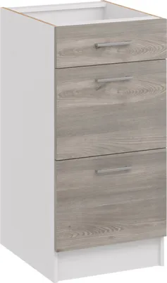 A three-drawer cabinet with a wood-grain finish on the drawer fronts and a white body.
