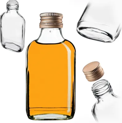 Zdjęcie produktu dla Kolba biodrowa KADAX 100ml, 10 sztuk, małe szklane butelki z zakrętką, kolby, puste butelki do napełniania, mini butelki na likier, butelki na sznapsa, złote