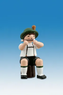 Produktbild von Holzfigur Musikanten mit Hut und Pikkoloflöte sitzend Höhe 7cm NEU