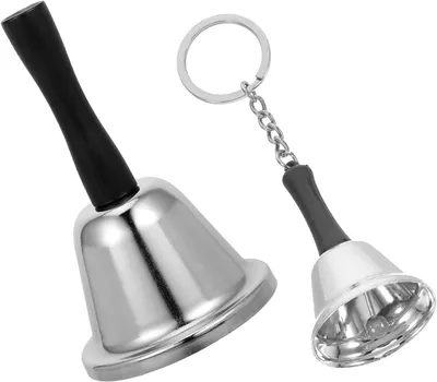 Produktbild von Set mit 2 Servierglocken aus silberfarbenem Edelstahl, 75 mm/38 mm, Schlš¹sselanh?nger, klarer Klang, fš¹r Bš¹ro/Klassenzimmer/Catering