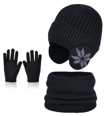 Produktbild von Kinder Wintermützen Schal Set Strickmütze Beanie warm für Jungen Mädchen Schwarz