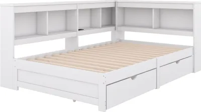Produktbild von Merax Tagesbett Daybett 90x200 cm, Schlafsofa mit 2 Schubladen, Steckdose, 2 USB, Regale, Lattenrost, Kiefernholz, Doppelbett, Kinderbett, Weiß