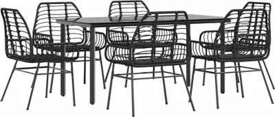 Image de Ensemble à manger de jardin 7pcs noir poly rotin verre