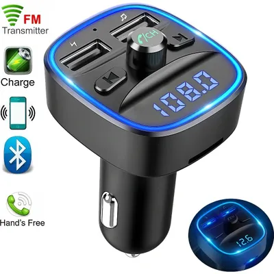 Produktbild von Auto Bluetooth FM Transmitter, Blaue Umgebende Leuchte Drahtloser Radio Kfz-Empfänger Adapter mit Freisprecheinrichtung, Dual USB