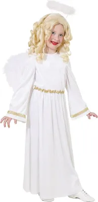 A young girl dressed as an angel, posing for a product photo.