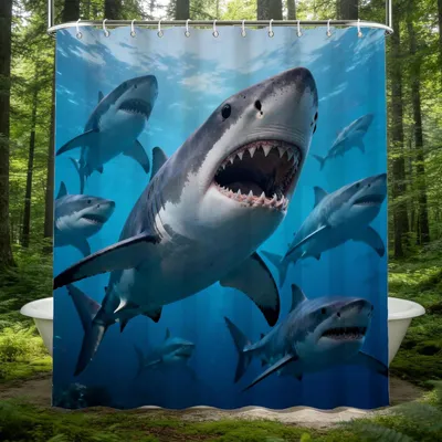 Produktbild von 3D Duschvorhang 200x200 cm mit Hai-Motiv, antischimmel und wasserdicht