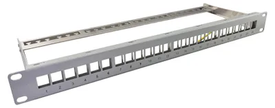 Produktbild von helos Keystone - 19“ Modulträger 1 HE 24 Port, Entlastungsschiene, grau