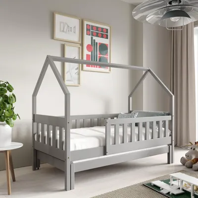 Produktbild von Masseno Kinderbett BAMBINA 80x160 cm mit Rausfallschutz, Doppelbett für Mädchen und Jungs, Hausbett für Kinder, Holz, Hellgrau