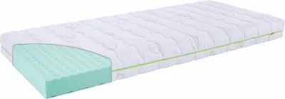 A mattress is shown with a cutaway view revealing its internal structure.