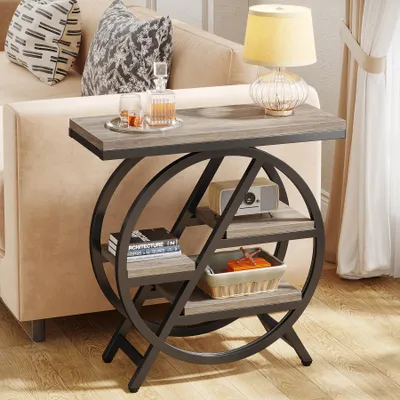 Immagine prodotto di Tavolino, tavolino da divano con contenitore, tavolino a 4 ripiani, comodino in stile rustico, per soggiorno, ufficio domestico, camera da letto, grigio