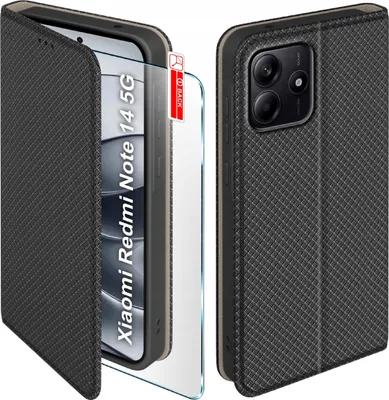 Obrázek produktu pro Pouzdro s klopou pro Xiaomi Redmi Note 14 5G Uzavíratelné černé pouzdro + sklo 9H