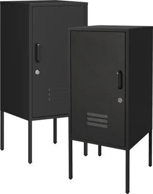 Two black metal lockers on a white background.