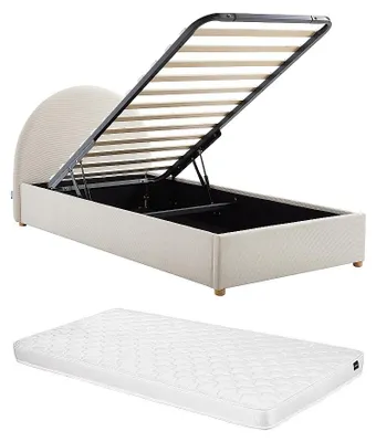 Produktbild von Bett mit Bettkasten - 90 x 190 cm - Cord-Samt - Beige + Matratze - LIRIMO