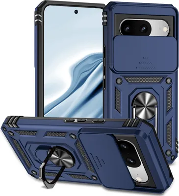 Image de Étui pour Google Pixel 8 étui double couche avec couvercle coulissant pour appareil photo et support annulaire bleu