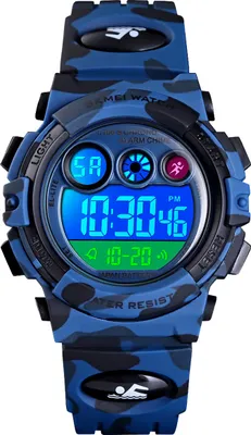 Produktbild von Alienwork Seven-color LED Digital Kinderuhr Jungen Mädchen Camouflage blau Kautschuk-Armband Kalender Marineblau Chronograph Sportlich Multi-funktion