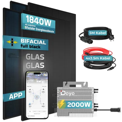 Produktbild von SUNNIVA® 1840W Balkonkraftwerk BIFAZIAL FULLBLACK komplett Steckdose DEYE 2000 Watt Wechselrichter, Komplettset 4x 460W PV Solaranlage Solarmodule