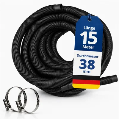 Produktbild von HAF Hochwertiger Pool Schwimmbadschlauch 38mm Schwarz 15 Meter | Poolschlauch für Garten & Schwimmbad | Solarschlauch + 2x Edelstahl Schlauchschellen
