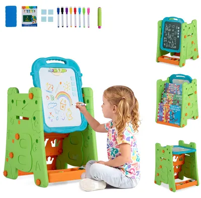 Produktbild von COSTWAY 4 in 1 Kindertafel, Kinderstaffelei mit Bücherregal, Kreidetafel&Whiteboard,Doppelseitige Kindertafel mit verstellbaren Höhe&Winkel,Standtafel