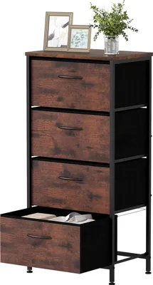 A chest of drawers with one drawer open, showing items inside. Decorative items are on top.