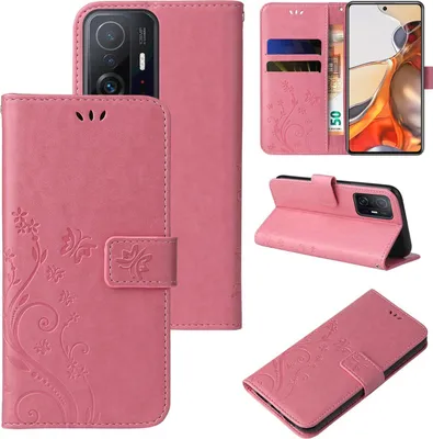 Produktbild von Handyhülle für Xiaomi 11T / 11T Pro Floral Blumen Schmetterling Flip Cover Hülle Case Klapphülle Handytasche Farbe: Rosegold