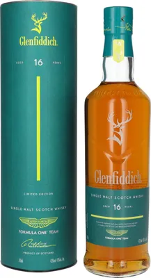 A bottle of Glenfiddich 16 Year Old Aston Martin Formula One Team Limited Edition single malt Scotch whisky and its cylindrical packaging.