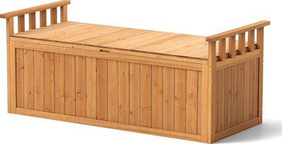 Zahradní box COSTWAY 209L, úložný box s úložným prostorem, područkami, víkem a madlem, 2místná lavice, zahradní lavice, 128x58x53cm přírodní dřevo