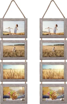 Two vertical collages of four photo frames each, hanging from ropes.