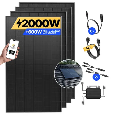 Produktbild von Balkonkraftwerk 2000W Solaranlage mit Ziegeldach Halterung (Paarmontage) Steckerfertig Komplettset Photovoltaik Anlage 800W, Kabellänge: 5m, Solakon