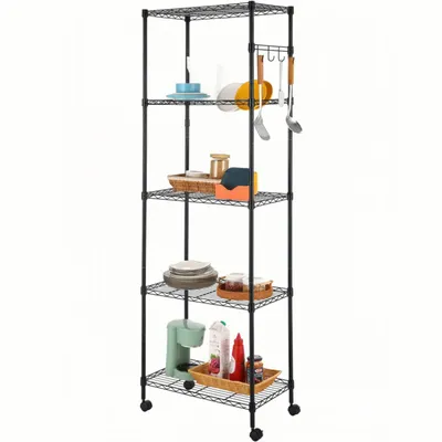 Image de étagère de cuisine en acier inoxydable à 5 niveaux avec roues et crochets, 59x35x183cm, charge supérieure à 60 kg, réglable,noir