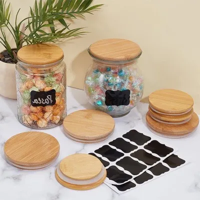 Set aus 8 Bambusglasdeckeln mit Silikonring und Aufkleber für Einmachgläser, 85/98mm, luftdicht und langlebig zum