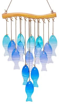 Windspiel mit blauen Glasfischen, 55 cm, handgefertigt, für Garten & Terrasse