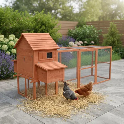 A wooden chicken coop with an attached run is set up in a backyard patio area with two chickens in the straw.