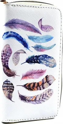 Produktbild von Damen Geldbörse Weiß Federn Motiv - Elegantes Portemonnaie Reißverschluss 19x11cm