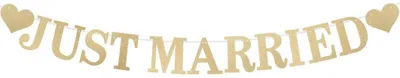 Produktbild von Just Married Girlande goldglitzernd mit Herzen, fertig gefädelt, für Hochzeitsfeier & Autodekoration