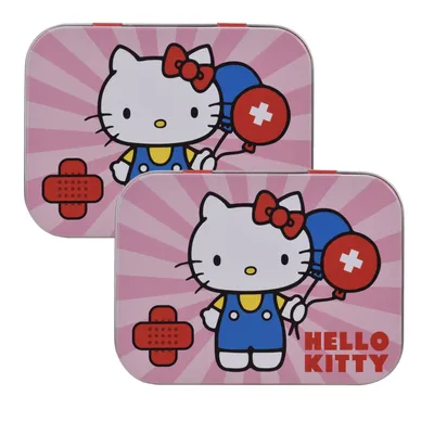 Produktbild von 2x Home-Flair Hello Kitty Rosa Kinder Pflaster-Box mit 24 bunten Motiv-Pflastern in Metalldose – Hautfreundlich & Wasserabweisend