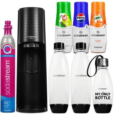 Produktbild von Sodastream Wassersprudler Terra Schwarz Set mit 3 Flaschen Sirup Kartusche