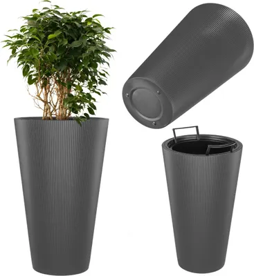 Produktbild von KADAX Pflanzkübel Ø 29,5 x H 49 cm, moderner Blumenkübel mit Innentopf & geriffeltes Design, großer Pflanzentopf aus Kunststoff  (Anthrazit)