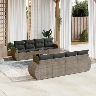 Produktbild von Design 9-tlg. Garten-Sofagarnitur mit Kissen Grau Poly Rattan, Gartenmöbel-Sets 2024 Neu