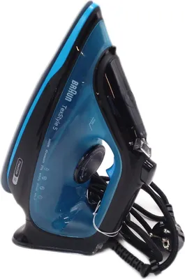 A close-up, angled view of a blue and black Braun TexStyle 5 steam iron against a white background.