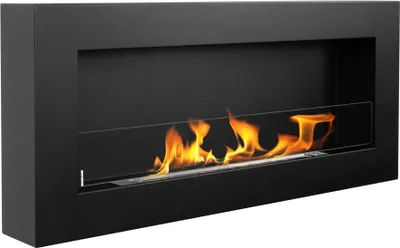 A black, modern ethanol fireplace mounted on a wall, with flames burning inside.